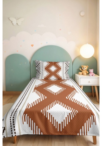 Bohem Geometrik Kahverengi Genç Odası Tek Kişilik Pike Takımı-etnik 160x220 Cm Kapitone Yatak Örtüsü Kumlu Sepet Ufku