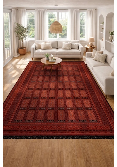 Etnik Desen Motifli Dekoratif Halı Kilim Kırmızı