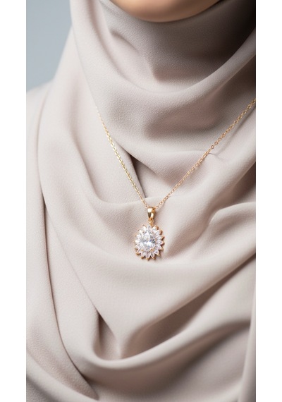 Baget Oval Zirkon Taşlı Çiçek Model Kolye - Çelik Altın