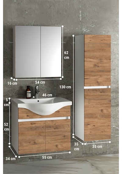 Yıldız 55+35 Cm Beyaz-atlantik Çam Mdf Seramik Lavabolu Asma Banyo Dolabı Takımı Beyaz - Atlantik Çam