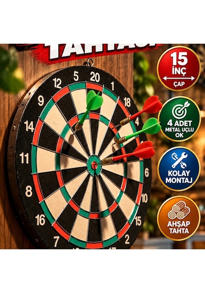 15 İnç Ahşap Dart Tahtası 4 Metal Uçlu Ok Ve Kolay Montaj