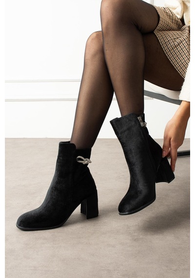 Shoetek Lorvesa Kadın Bot Fermuarlı Arkadan Taşlı Kadife Siyah Siyah