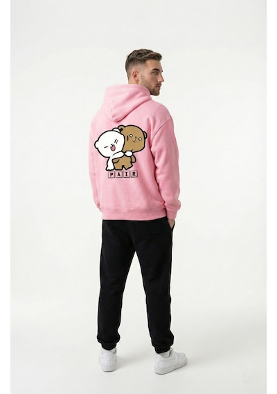 Unisex Oversize Ayıcık Baskılı Çift Hoodie Pembe