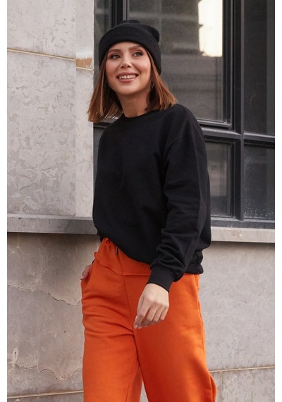 Salaş Sweatshirt Yumuşak Dokulu Düz Siyah 001