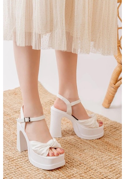 Preshley Kadın Sersi Beyaz Fiyonk Bantlı 12 Cm Platform Topuklu Ayakkabı Beyaz