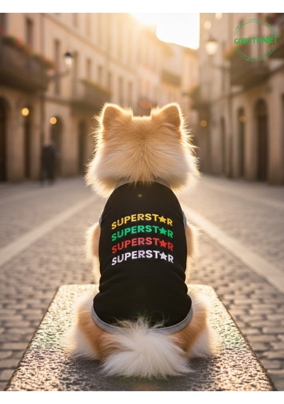 Siyah Superstar Yazılı Kedi Ve Köpek Kıyafeti Tişörtü Elbisesi Medium/m/beden 2