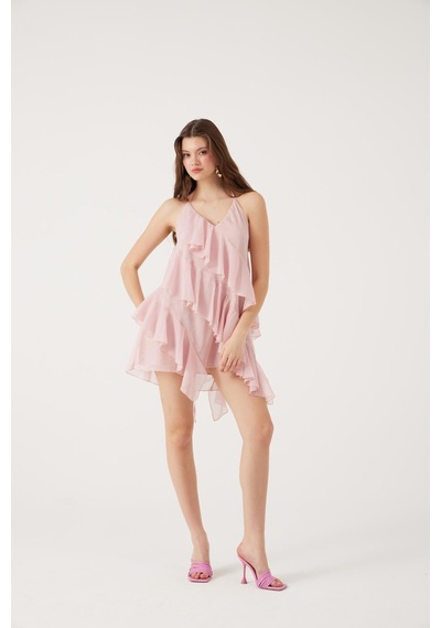 Holly Lolly Fırfırlı Boyundan Bağlamalı Mini Lea Elbise Pembe