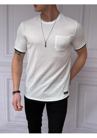 Modefendi Slim Fit Gofre Kumaş Parçalı Tshırt Beyaz