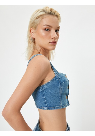 Koton Koton X Melis Ağazat - Kot Crop Büstiyer Düğmeli Askılı Orta İndigo 4sal30045md