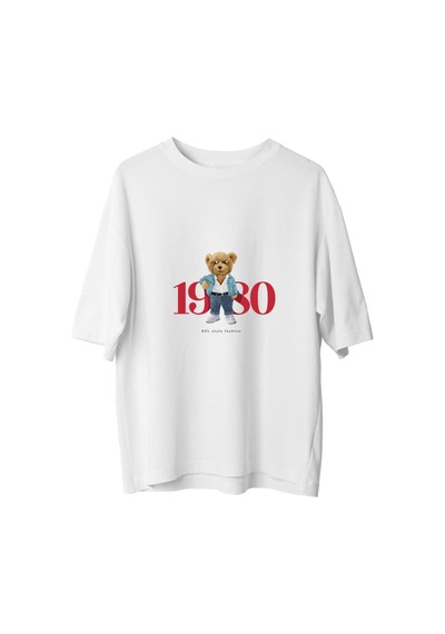 Paybuy Erkek Oversize Tişört %100 Pamuk Retro Grafik Baskılı Ayı Desenli Beyaz
