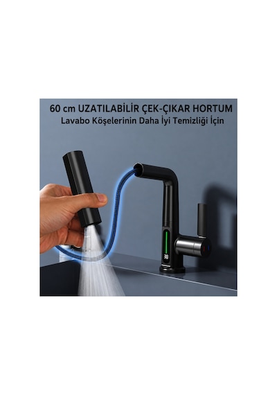 3 Modlu Led Sıcaklık Göstergeli Çekilebilir Şelale Musluk 360 Döner Mutfak Banyo Lavabo Bataryası Gri