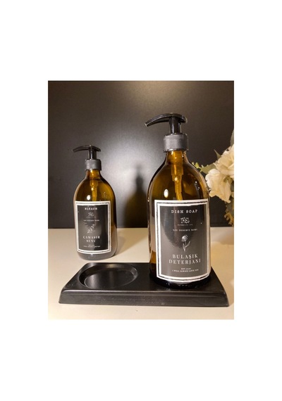 Siyah Bölmeli Standlı Amber 500ml Bulaşık Deterjanı Çamaşır Suyu Şişesi Sabunluk Set Kahverengi Kahverengi