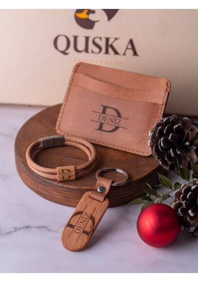 Quska Kişiye Özel İsimli El Yapımı Hakiki Deri Taba Kartlık+anahtarlık+bileklik Set - Grain Minimal Taba