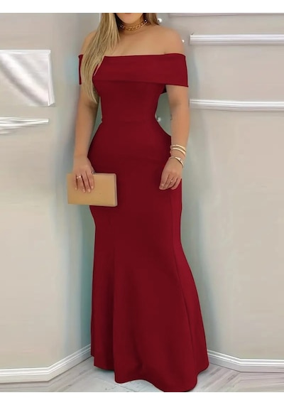 Hazego Kadın Kısa Kollu Madonna Yaka Belden Oturtmalı Uzun Ithal Krep Elbise Bordo