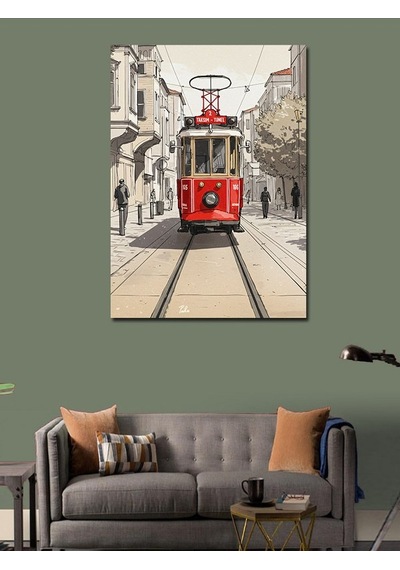 Kanvas Tablo Kırmızı Tramvay Sokak Manzarası 50cmx70cm