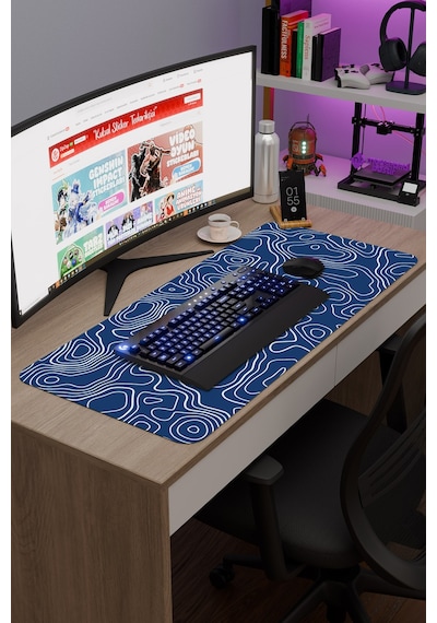 Mavi Beyaz 90x40 Xxl Taraftar Gaming Oyuncu Mouse Pad Kaymaz Taban Büyük Fare Altlığı Topography