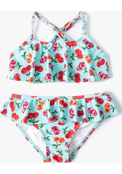 Koton Kirazlı Bikini Seti 2 Parça Fırfırlı Çapraz Askılı Mavi 4skg00006mm Mavi