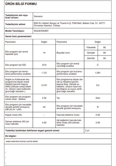 Siemens SN23EW63MT IQ300 14 Kişilik 6 Programlı Solo Bulaşık Makinesi Beyaz