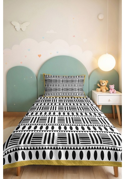 Siyah Beyaz Geometrik Modern Pike Takımı - Etnik Minimal Hardal 160x220 Cm Mevsimlik Yatak Örtüsü Haki