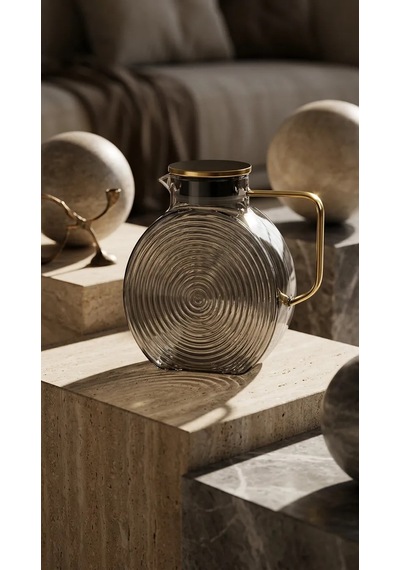 Borosilikat Cam Füme Salyangoz Desenli Filtreli Sürahi 2500 Ml Buzdolabı Kapağına Uygun Isıya Dayanıklı Çay & Deto