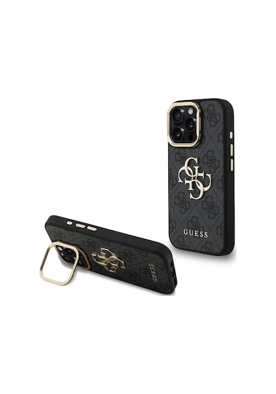Apple iPhone 15 Pro Max Uyumlu Kılıf Guess Lisanslı Metal 4g Ve Yazı Logolu Kamera Standlı Kapak Siyah