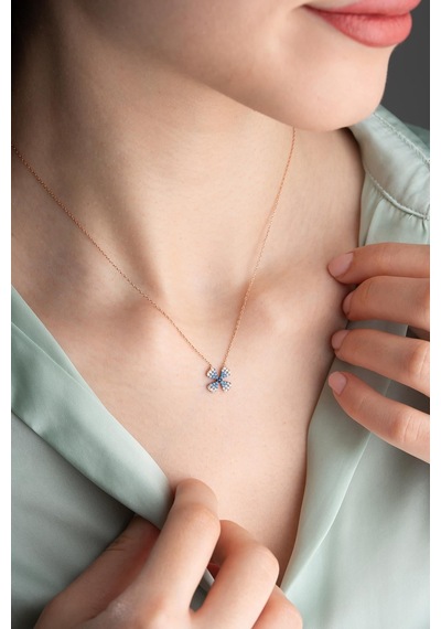 925 Ayar Gümüş Mavi Renk Geçişli Minimal Şans Yonca Kolye Rose Gold