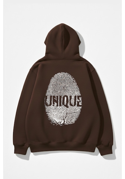 Uyguntarz Unisex Yumuşak Dokulu Unique Fingerprint Baskılı Tasarım Oversize 3 İplik Hoodie Sweatshirt Kahverengi