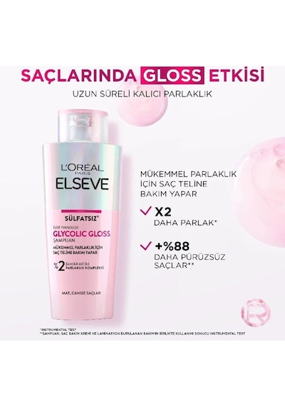 Elseve Glycolic Gloss Mükemmel Parlaklık Şampuan 200ml + Glycolic Gloss Pürüzsüzleştirici Saç Kremi 150ml