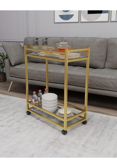 Çok Amaçlı Tekerlekli Sunum Servis Arabası Yan Sehpa Cam Raflı Gold Metal İskeletli Servant Genel