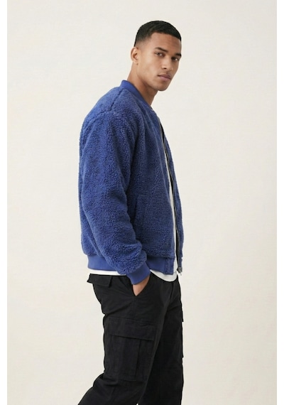 Genius Store Erkek Mont Peluş İçi Astarlı Oversize Geniş Kalıp Sherpa Kuzu Kumaş Spor Mont İndigo
