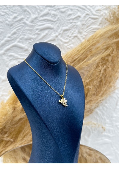 925 Ayar Gümüş Gold Renk Lotus Ve Kelebek Figürlü Kadın Kolye Gümüş