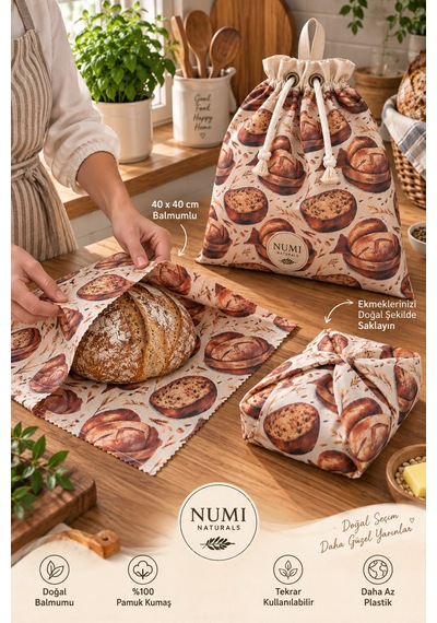Premium Ekmek Saklama Seti 1 Pamuklu Kese + 2 Balmumu Bez Çok Renkli