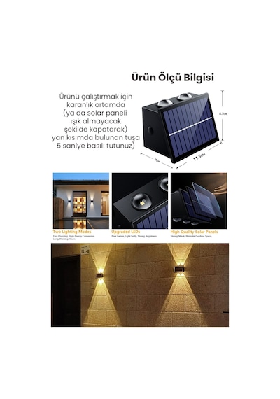 Trendpoint 2adet Solar Çift Taraflı 4ledli Aplik Sarı Işık Duvar Lamba Bahçe Aydınlatma Güneşle Şarj