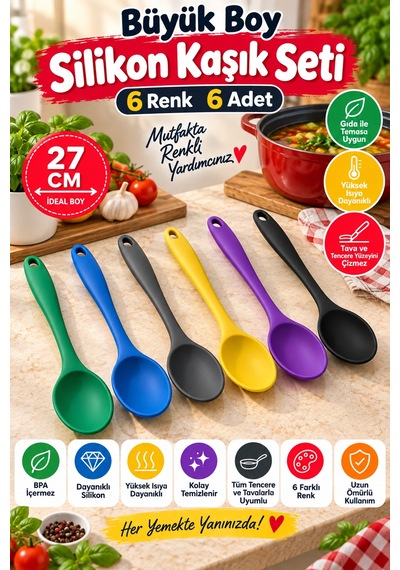 6'lı Set Yeşil Mavi Antrasit Sarı Mor Siyah, Büyük Boy Silikon Kaşık Seti 27 Cm Mutfak Servis Kaşığı