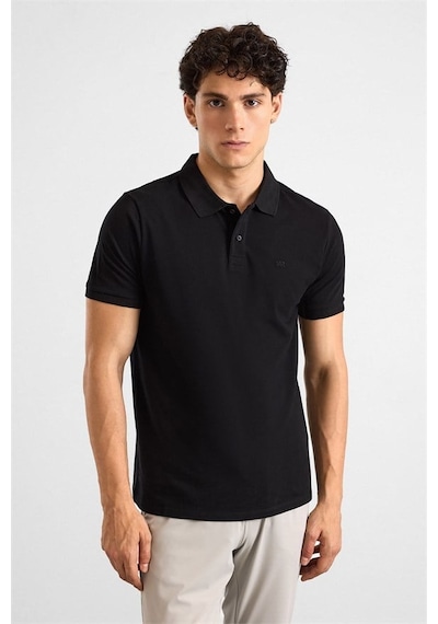 Süvari Siyah Slim Düz Baskısız Pike Düğmeli Polo Yaka Tişört Ts1014000459-s09