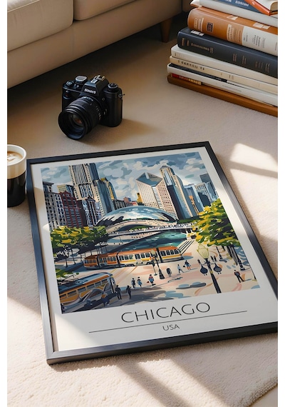 Abd Chicago Temalı Çerçeveli Tablo Travel Serisi Modern İllüstrasyon Şehir Duvar Dekoru Siyah