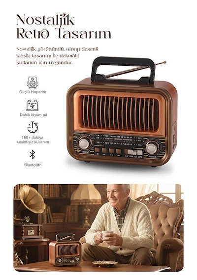 Ahşap Tasarım Retro Nostaljik Hoparlör Şarj Edilebilir Fm/am/sw Bluetooth Radyo