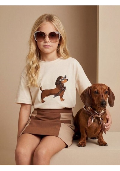 Zekids Kız Çocuk Köpek Baskılı Taş Detaylı Tasarım T-shirt-17187 Krem