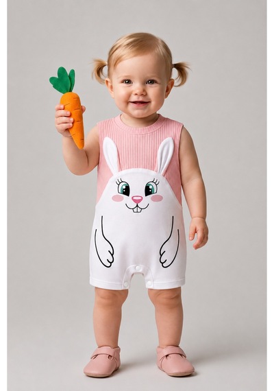 Babyden's Kız Bebek Tulum Yazlık %100 Pamuk Ribana Kolsuz Tavşan Baskılı Çıtçıtlı Bebek Tulumu 0-9 Ay Somon