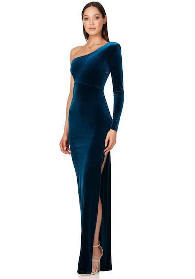 Hanife Glam Couture Hanife Glam Tek Kol Kadife Elbise Petrol