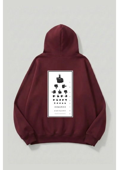 Uyguntarz Unisex Yumuşak Dokulu Göz Testi Baskılı Tasarım Oversize 3 İplik Hoodie Sweatshirt Bordo