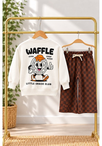 Monila Erkek Çocuk 3 İplik Pamuklu Ekru Waffle Baskılı Sweatshirt Ve Kahverengi Kareli Alt Üst Takım
