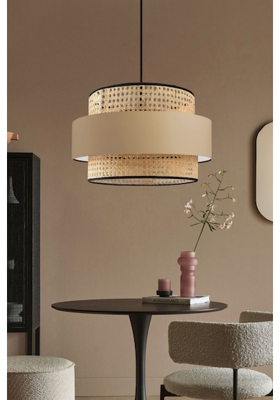 Bohem Trio Metal Kasalı Gerçek Rattan Ve Kahve Kumaş Salon Avize Üç Katlı Pasta Yatak Odası Sarkıt Kahverengi