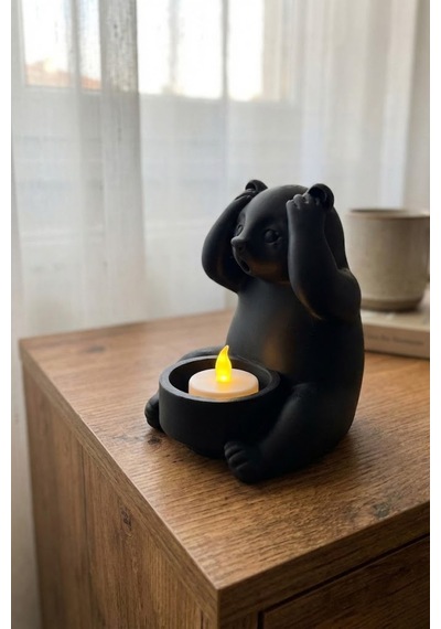 Dekoratif Tealight Mum Hediyeli Ayı Panda Tasarım Vegan Siyah