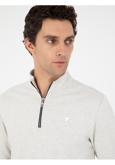 Ekru Regular Fit Pamuk Karışımlı Yarım Fermuarlı Sweatshirt Bej