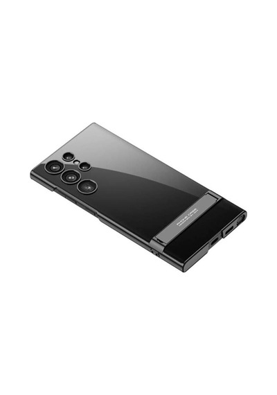 Galaxy S24 Ultra Kılıf Zore Kamera Korumalı Şeffaf Dikey Standlı Ays Kapak Siyah