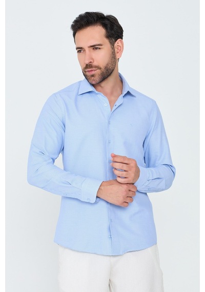 White Stone Mavi Mikro Desenli Dynamic Fit Erkek Uzun Kollu Gömlek MAVİ