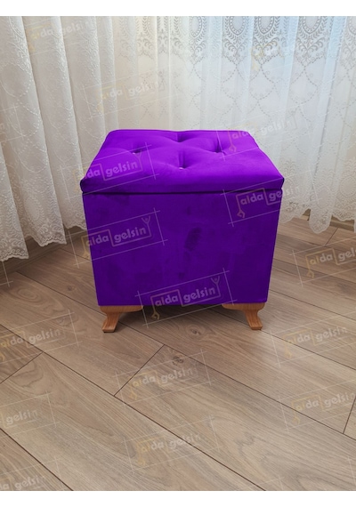 Lüks Sandıklı Tabure Puf 45 X 45 Cm Ceviz Ayak Lila