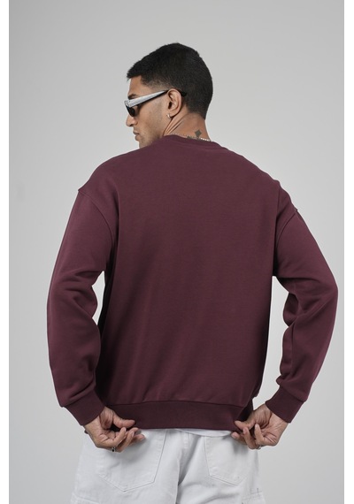 Bisiklet Yaka Logolu Oversize Kalıp Erkek Sweatshirt Bordo