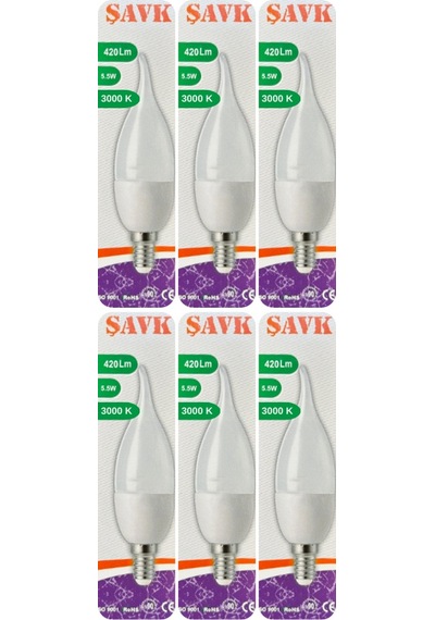 6 Adet Şavk 5,5w 37w Sarı Işık 3000k E14 Duylu İnce Duy Led Kıvrık Ampul